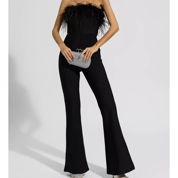 Strapless Lilith Black Bandage Jumpsuit with Feathers - Picture 2 of 5